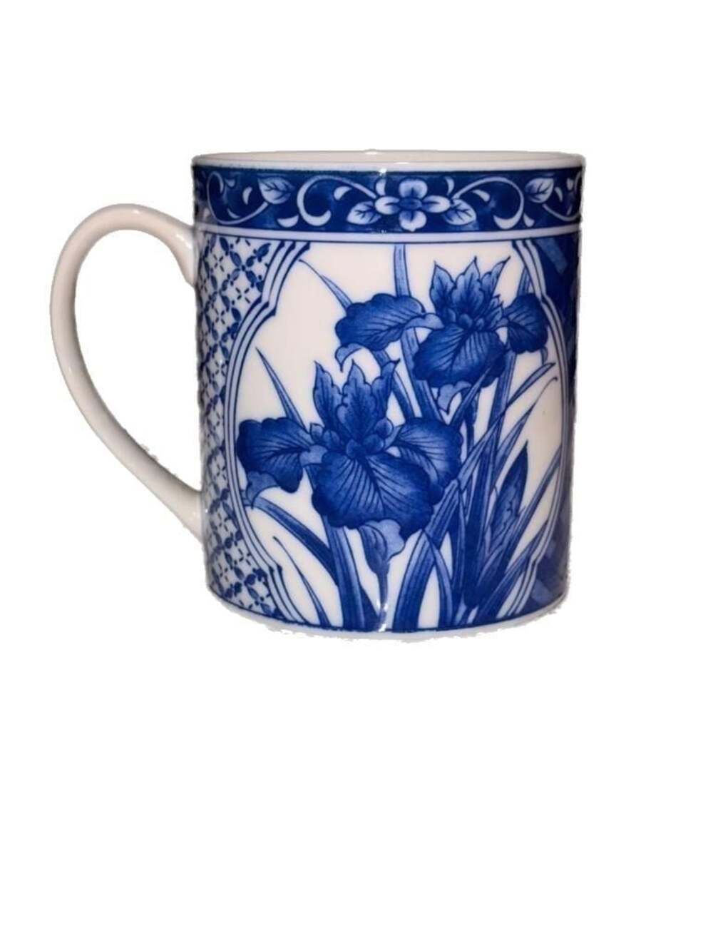 Vintage Japanese Porcelain Mug with Iris and Herringbone Pattern